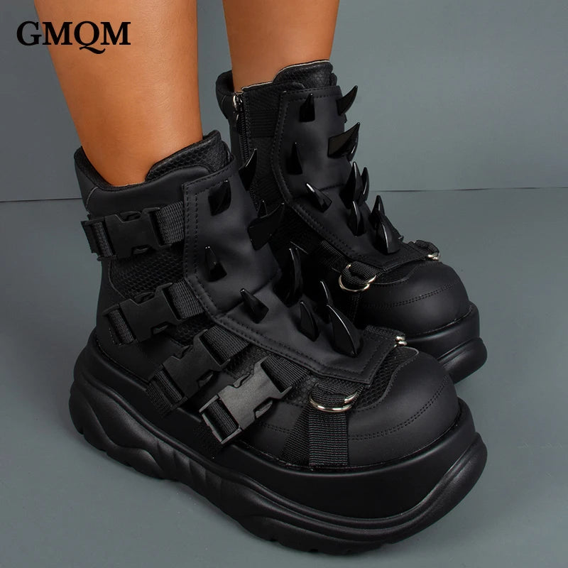 Y2K Gothic Patent Ankle Boots – Metal Decor Platform