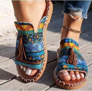 Flat Slippers for Women Wearing Outside, 2026 Summer New European and American Tassel Women's Beach Sandals Sommer Outfits Damen