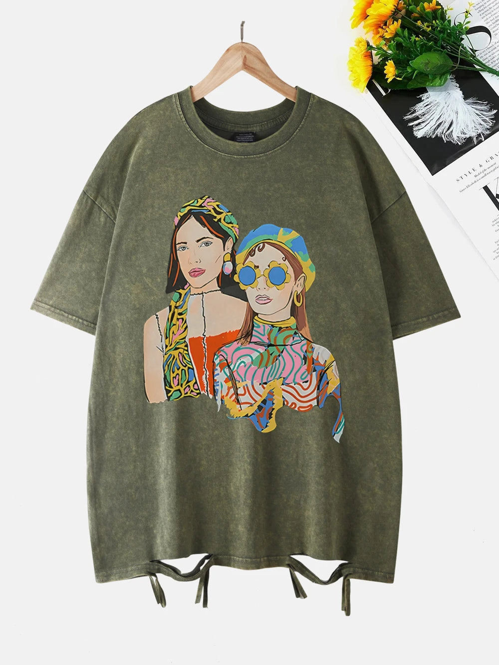 City Girls Art Print Washed T-Shirt - Oversize Acid Black