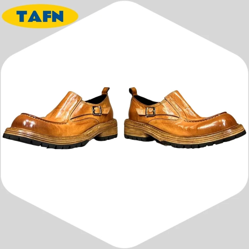 Men's Glazed Leather Monk Strap Loafers - Square Toe Slip-On Dress Shoes