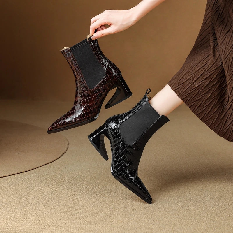 Genuine Leather Chelsea Boots – Embossed Pointed Irregular Heel