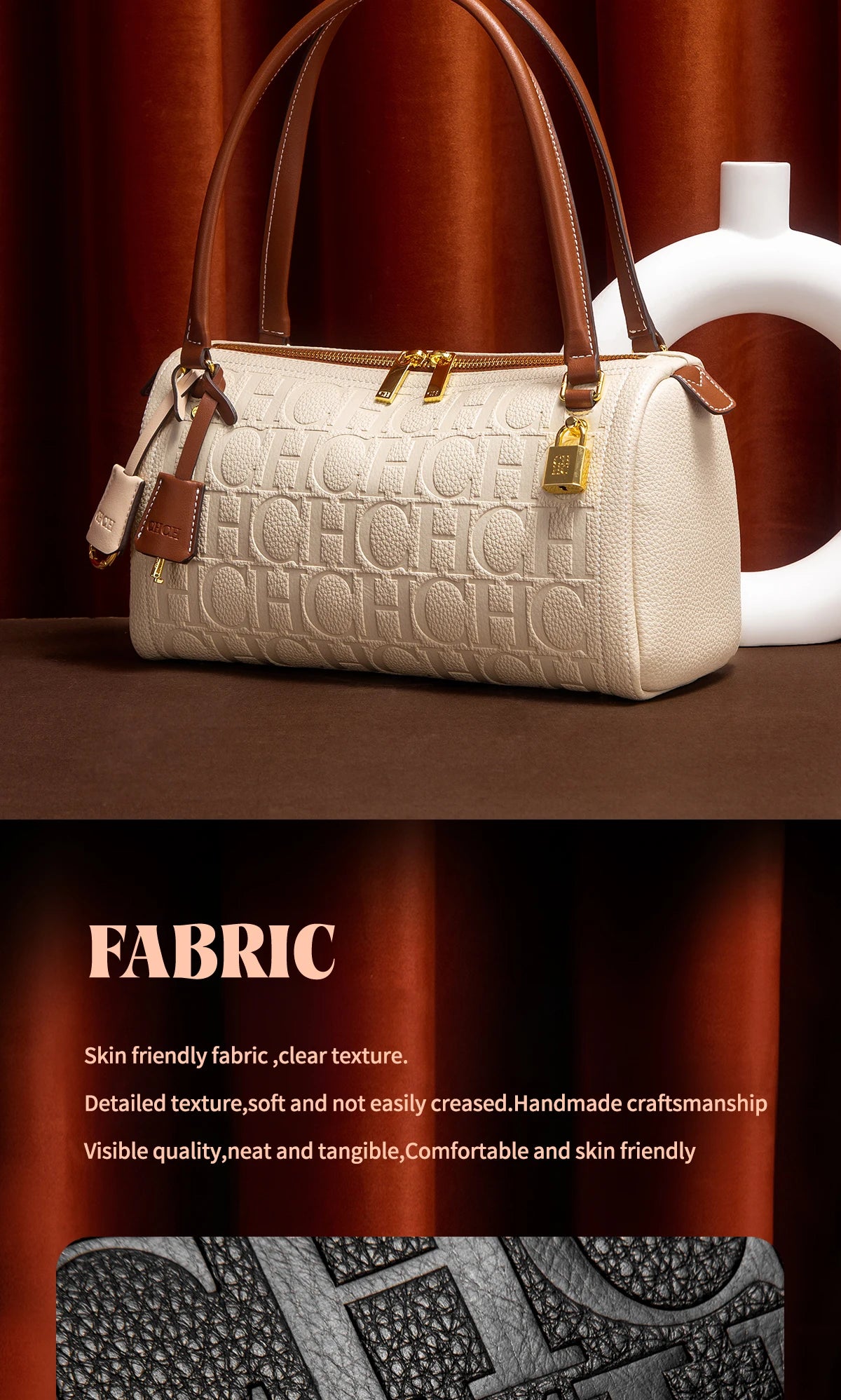 C-H Women's Boston Bag Autumn Winter New Collection Letter Design Texture Shoulder Bags