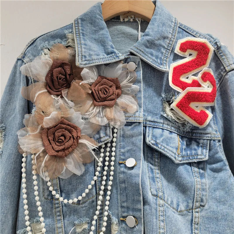3D Flower Pearl Chain Denim Jacket – Trendy Lapel Long Sleeve