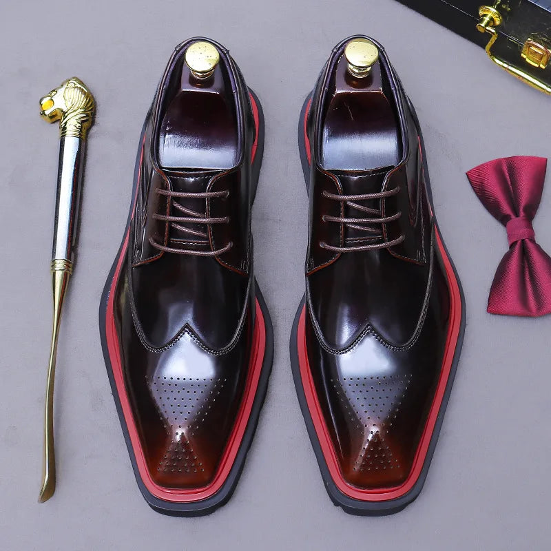 BURGUNDY WING - Men's Patent Leather Wingtip Brogue Derby Shoes - Thick Sole, Non-Slip Office Footwear