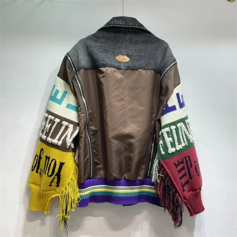 Embroidered Denim Jacket - Knitted Sleeves & Tassels