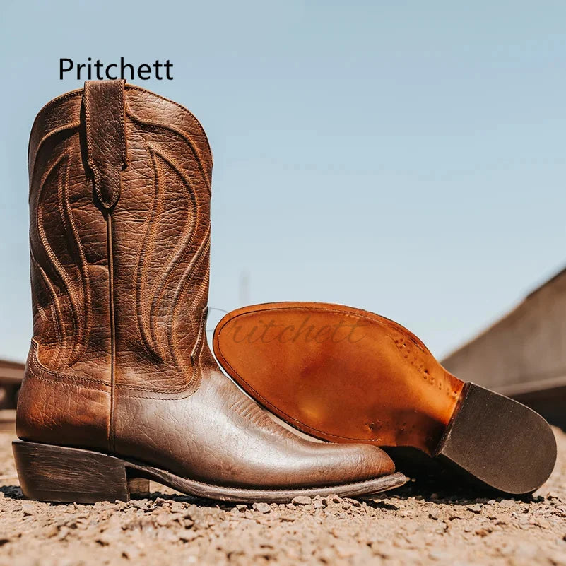 Men's Totem Western Cowboy Boots - Genuine Leather Mid-Calf Slip-On Waterproof Retro