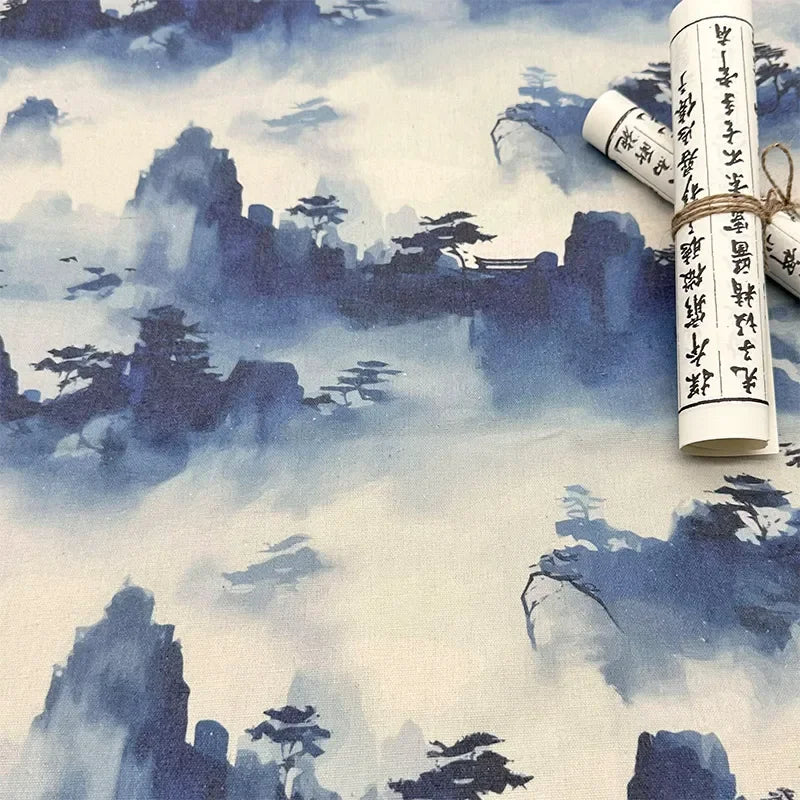 0.5m/1m/2m Encrypted Cotton Linen Retro Chinese Ink Style Fabric for Decorative Cloth, Tablecloths, Curtains, Handmade DIY Fabric