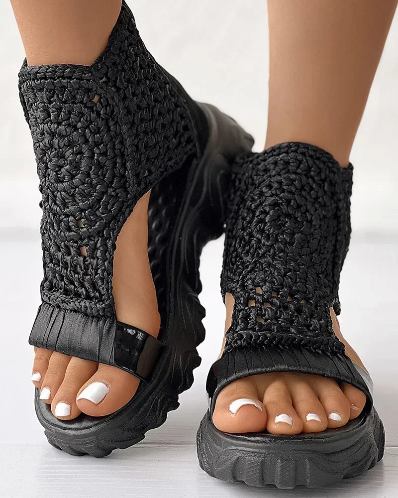 Hot Seller Gold Knitted Sandals for Women Braided Elastic Summer Shoe Mesh Flat Bottom Hollow Out Female Sandals Sandalias Mujer