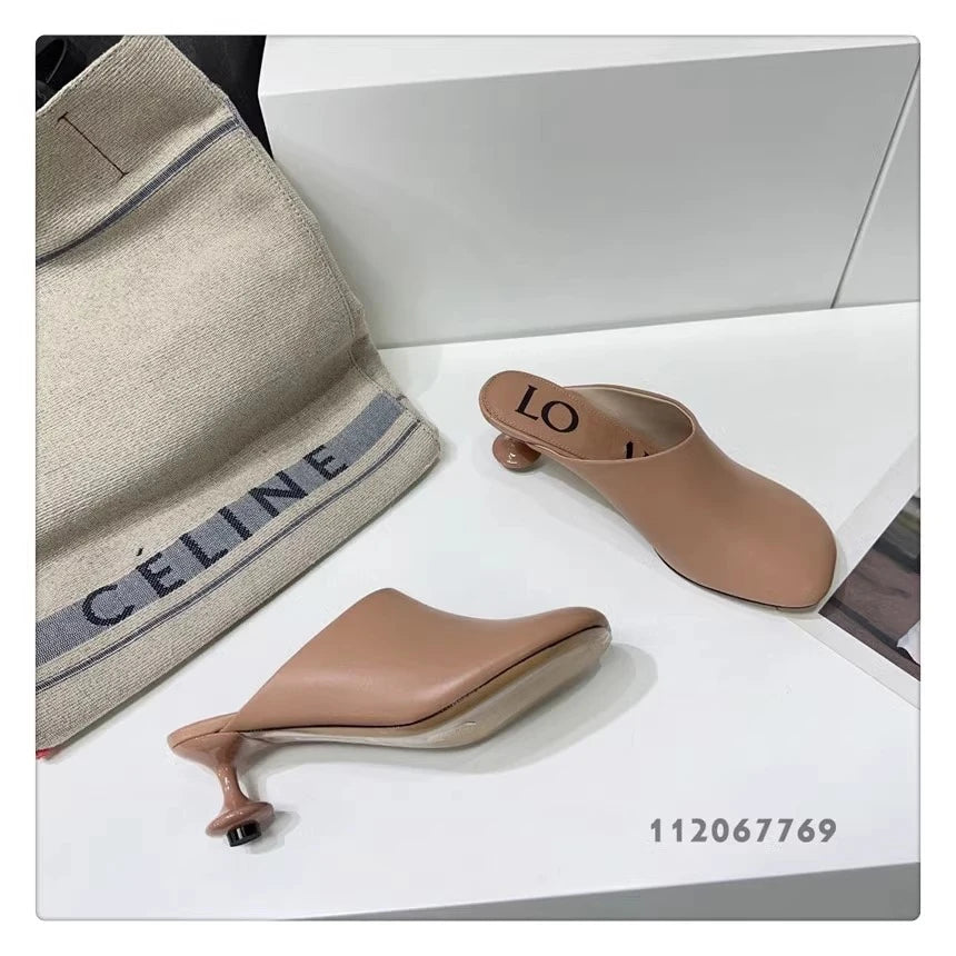 White Sheepskin Square Head Women's Slipper Baotou Textured Elegant Commuter Casual Simple Sense of Classic Wine Glass Heels New