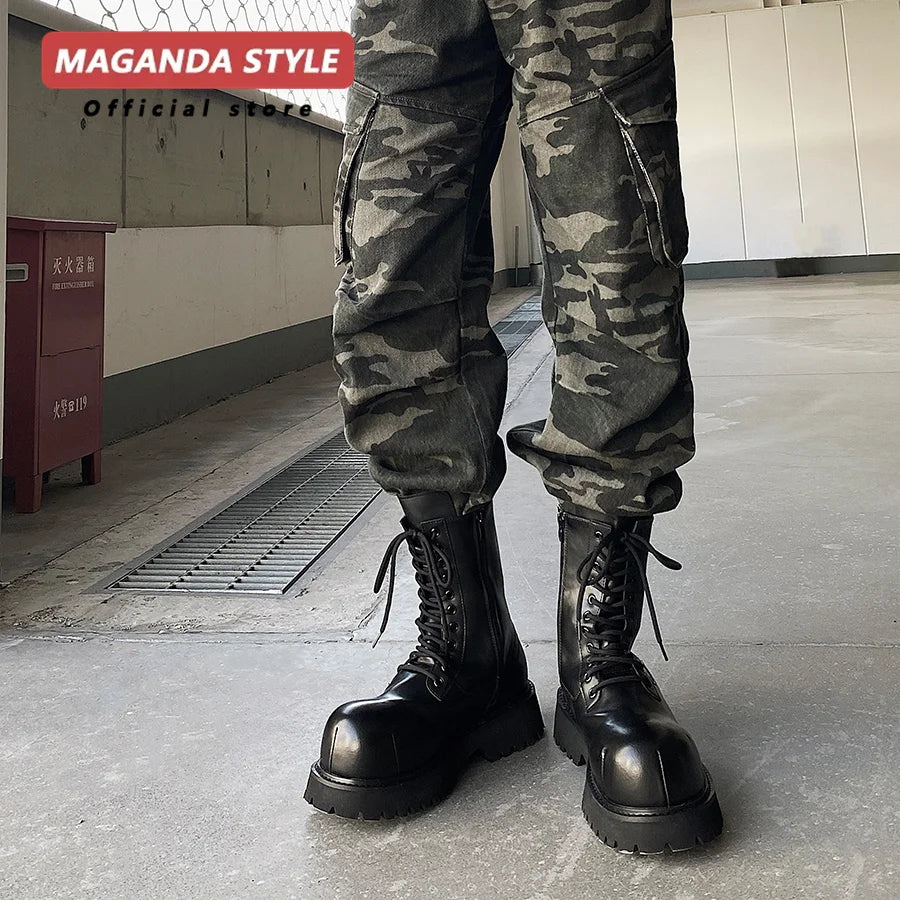 Men's Microfiber Motorcycle Ankle Boots - Color-Block Thick Sole Height Increasing Street Style