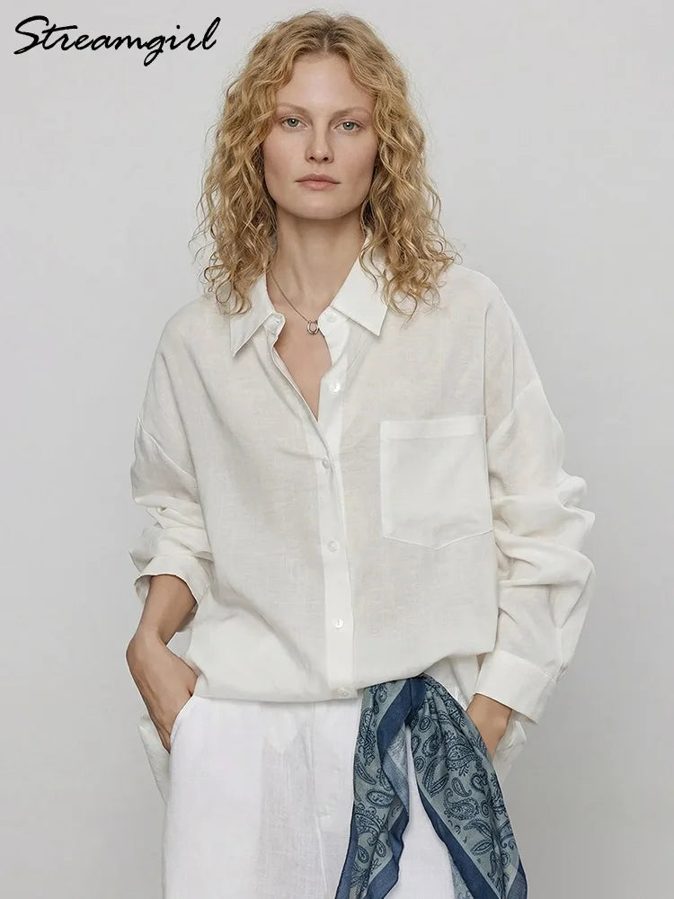 Streamgirl Summer White Linen Shirts For Women Oversized Long Sleeve Tops Lady Loose Basic Linen Tops Women Blue Shirts Oversize