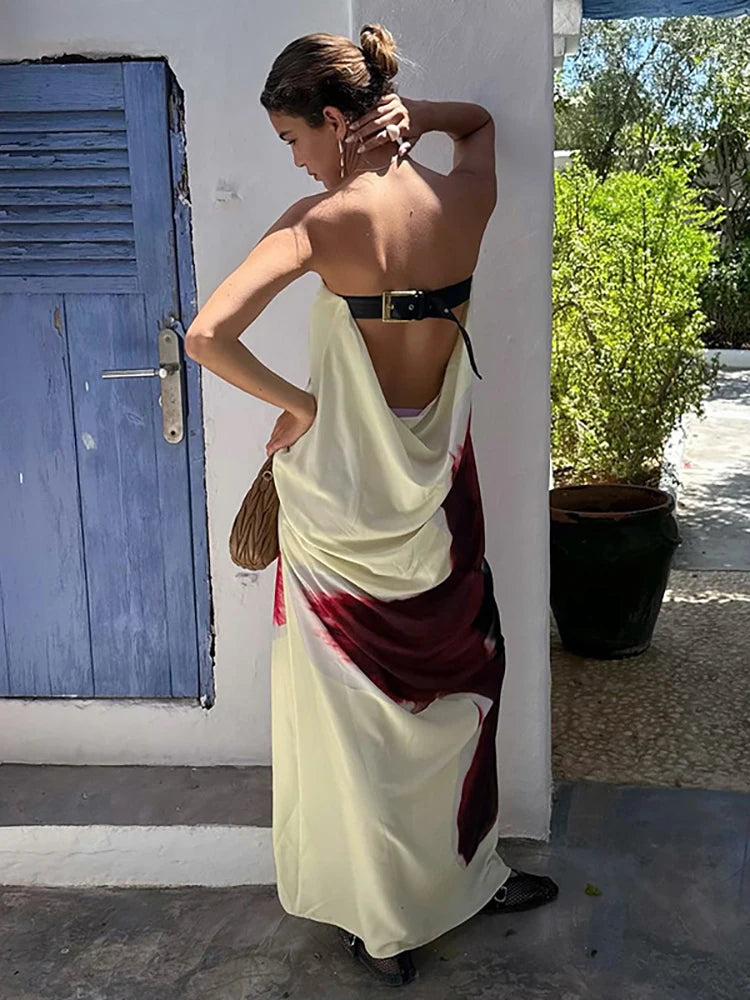 JULISSA MO Sexy Strapless Print Floral Belt Women Maxi Dress Yellow Backless Vacation Dress Summer Loose Elegant Party Beachwear