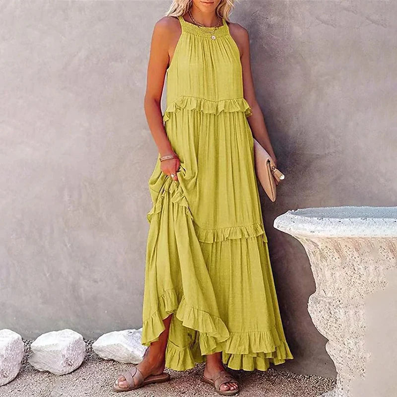 Women Casual Ruffles Long Dress 2026 Summer Elegant Sleeveless Sundress Elegant Harajuku Maxi Dress Beach Party Evening Vestido