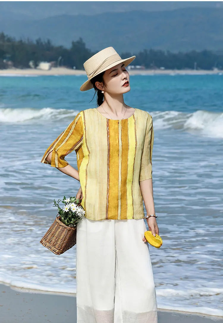 100% Linen Women Casual T-shirts New Arrival 2026 Summer O-neck Striped Loose Comfortable Female Half Sleeve Tops Tees M2571