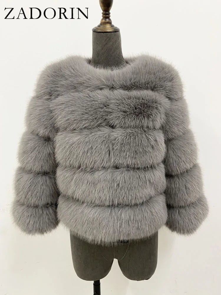 Women's Faux-Fur Jacket - Three-Quarter Sleeves - Plush Poise