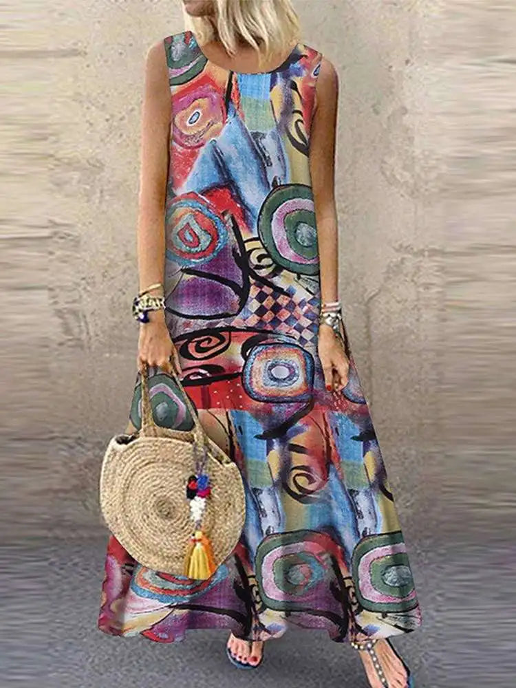 ZANZEA Women Bohemian Summer Dress Casual Sleeveless Floral Printed Sundress Robe Femme Vintage Kaftan Beach Vestido Sarafans