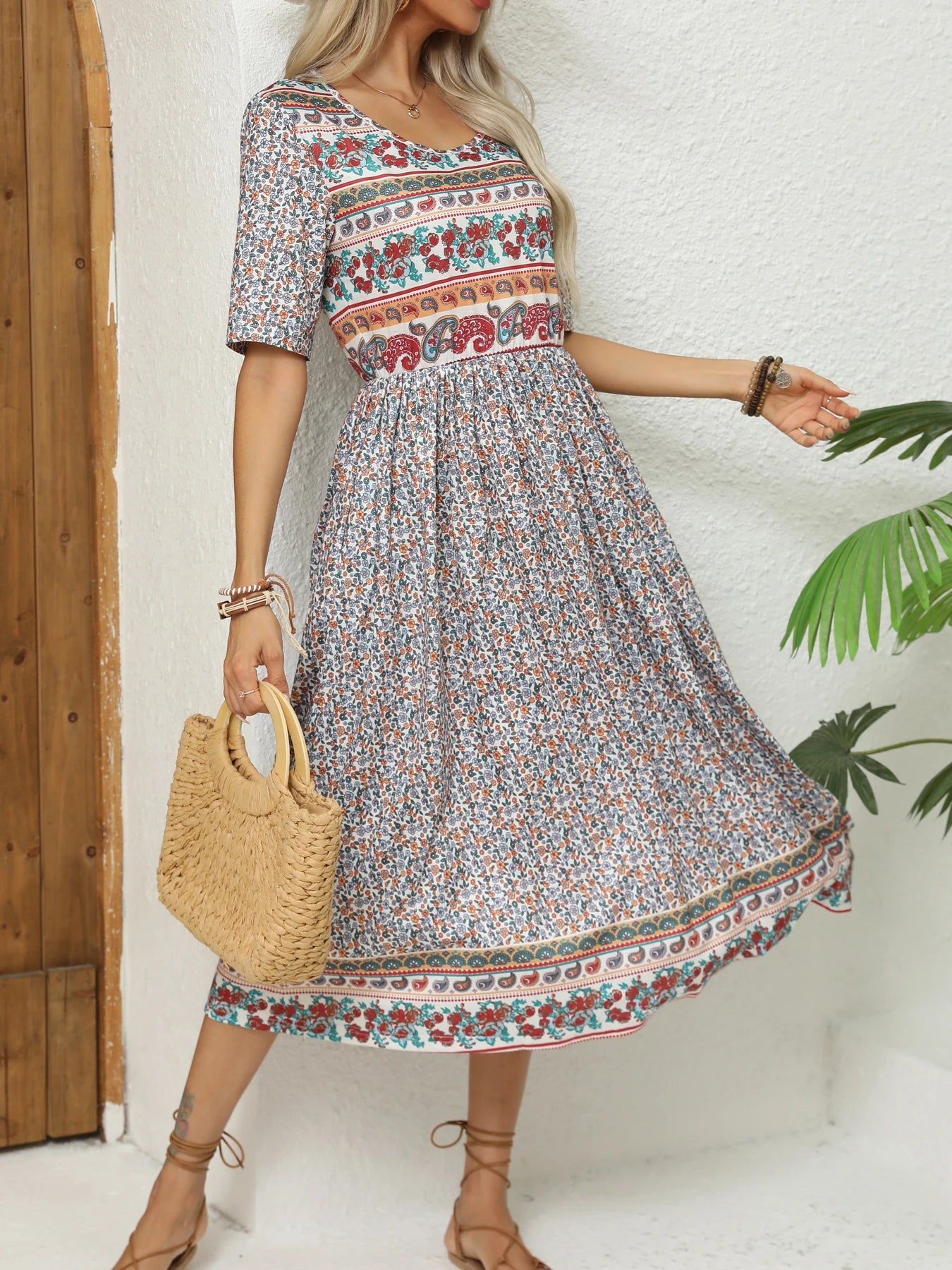 2024 Europe and America autumn ladies round neck short sleeve long skirt Bohemian print dress woman