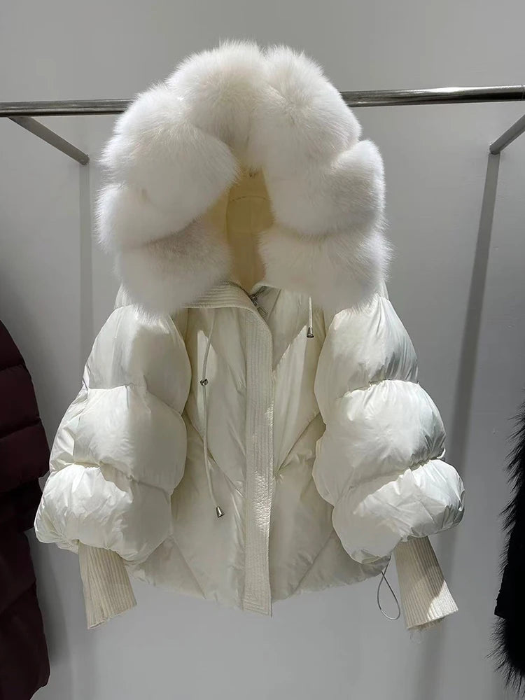 Fur Collar Down Jacket – Hooded Lantern Sleeve Quilted