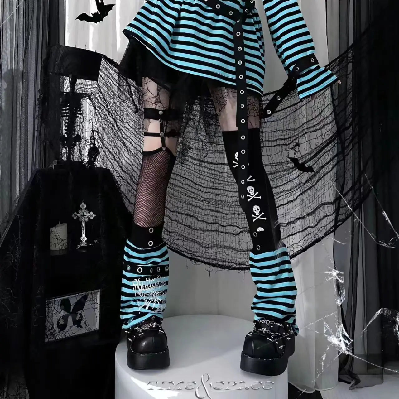 2025 New Harajuku Vintage Punk Black Blue Red Striped Tees Y2k Gothic Girls Off Shoulder Loose Butterfly Letter Long Sleeve Tops