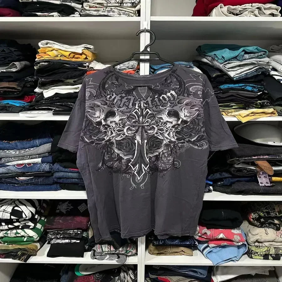 Affliction Skull Cross Long Sleeve Tee - Y2K Gothic Oversized
