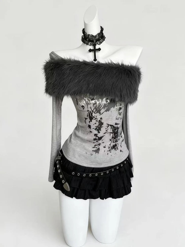 Subculture New Off Shoulder Slim T-Shirts Women Aesthetic Hot Girl Print Fur Collar Tees Female Design Y2k Gothic Base Shirt