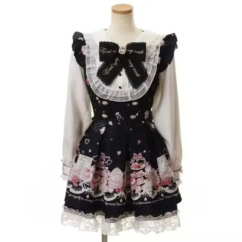 Japanese Fake Two Piece Striped Lolita Long Sleeve Shirts Women Y2k High Waist Striped Cake Skirts Spring Summer New Sets