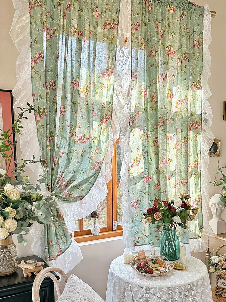 American Pastoral Style Curtain Linen-Cotton Kitchen Door Curtains Floral Pattern Cafe Living Room Window Half Curtain Decor