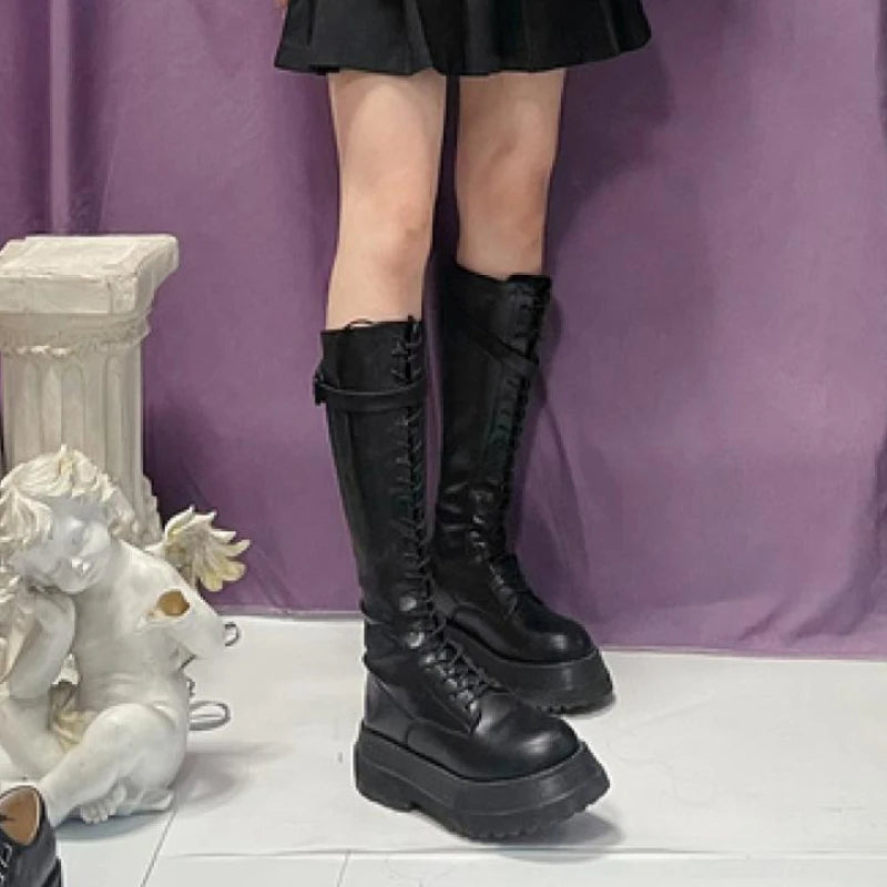 Lace-Up Knee-High Platform Boots – Belt Buckle