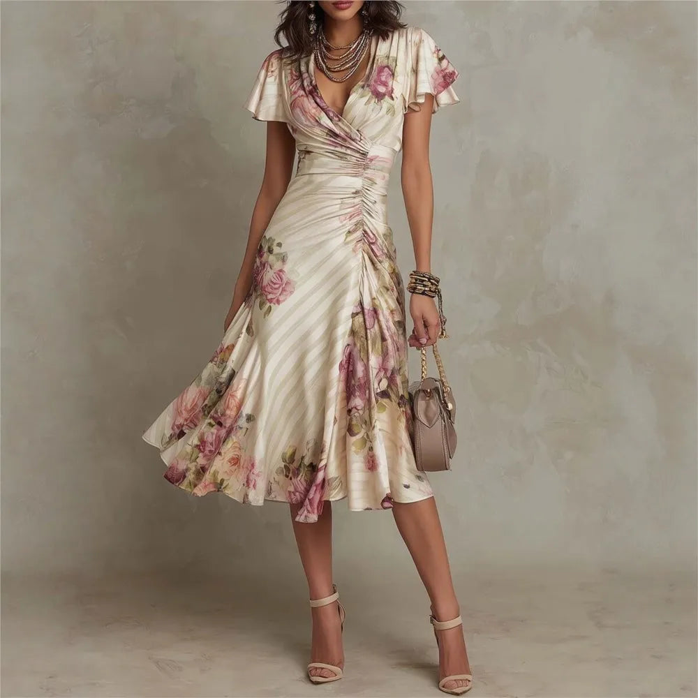 Fashion Print Sexy Deep V Neck Ruffle Short Sleeve Women's Dress Summer Fashion Pleated Slim Elegant Female Party Dresses 2026