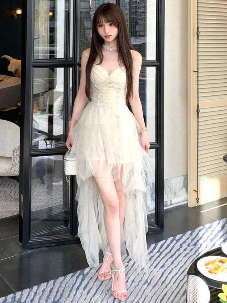 Summer French Vintage Elegant Dresses Women Princess Sexy Irregular Design Evening Party Dresses Female Chic Korea Style Clothes