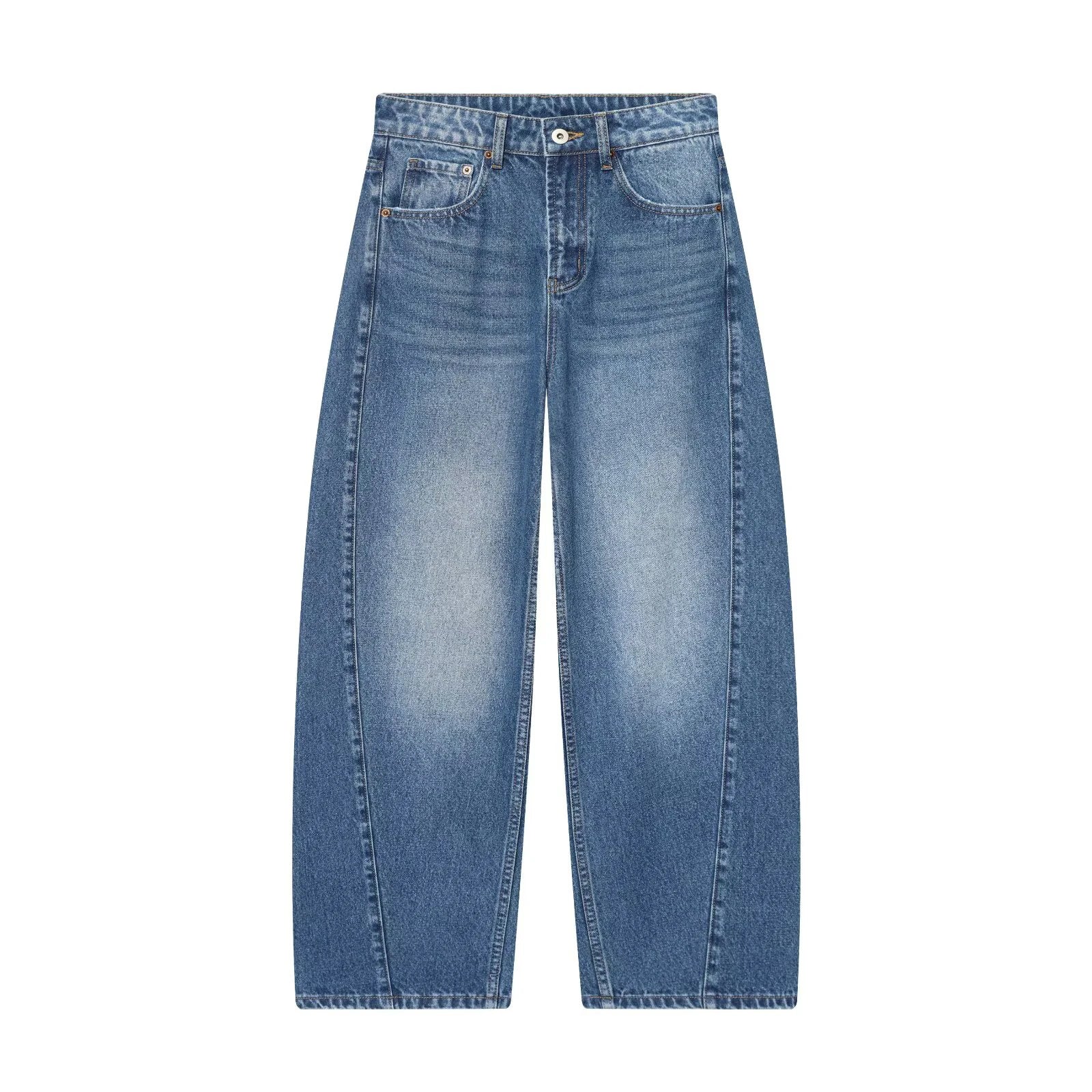Balloon Sickle Barrel Jeans - Mid Waist Curved Wide Leg