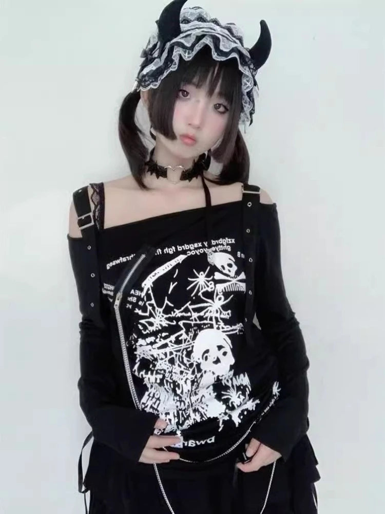 Subculture Punk Skull Print Slash Neck T-shirt Women Vintage Off Shoulder Design Long Sleeve Loose Tops Harajuku Gothic Chic Tee