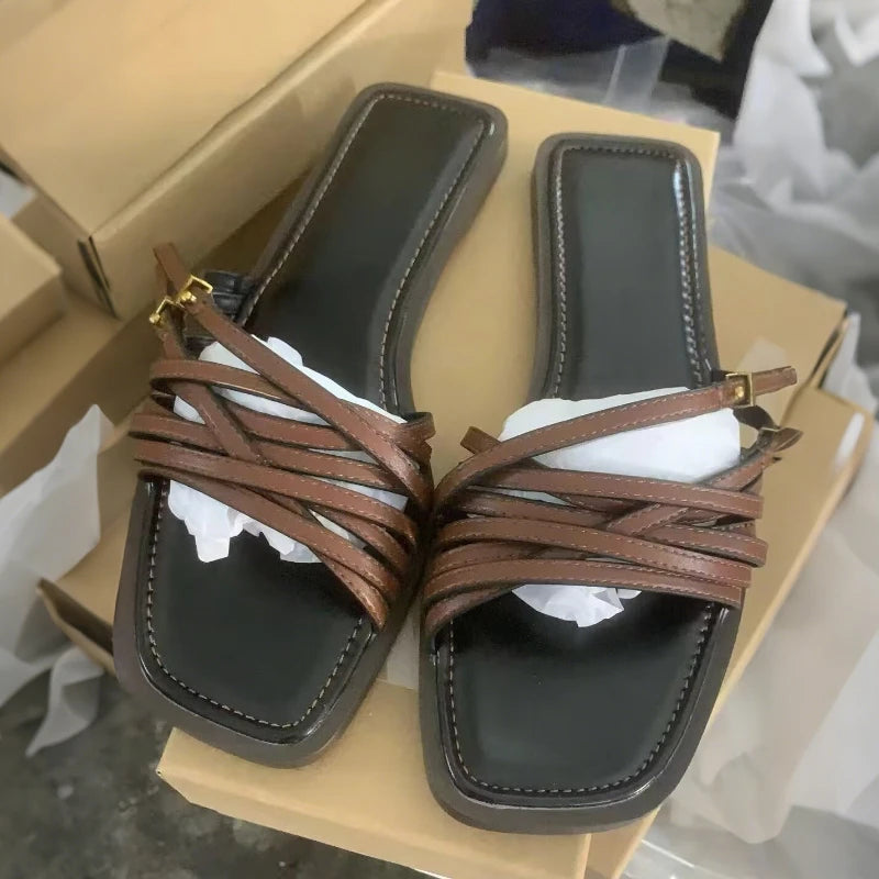 Women's Flat Slides Sandals Vintage Square Toe, Leather Strappy Buckle Outdoor Casual Shoes for Summer Fashion