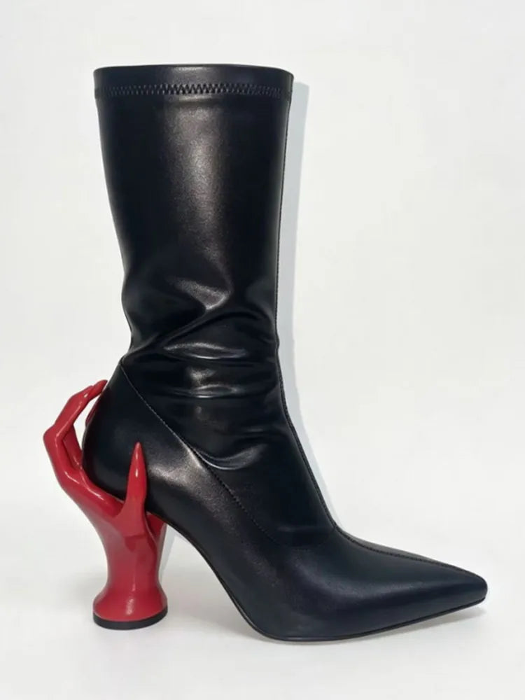 Irregular Heel Mid-Calf Boots - Pointed Toe - Runway Edge