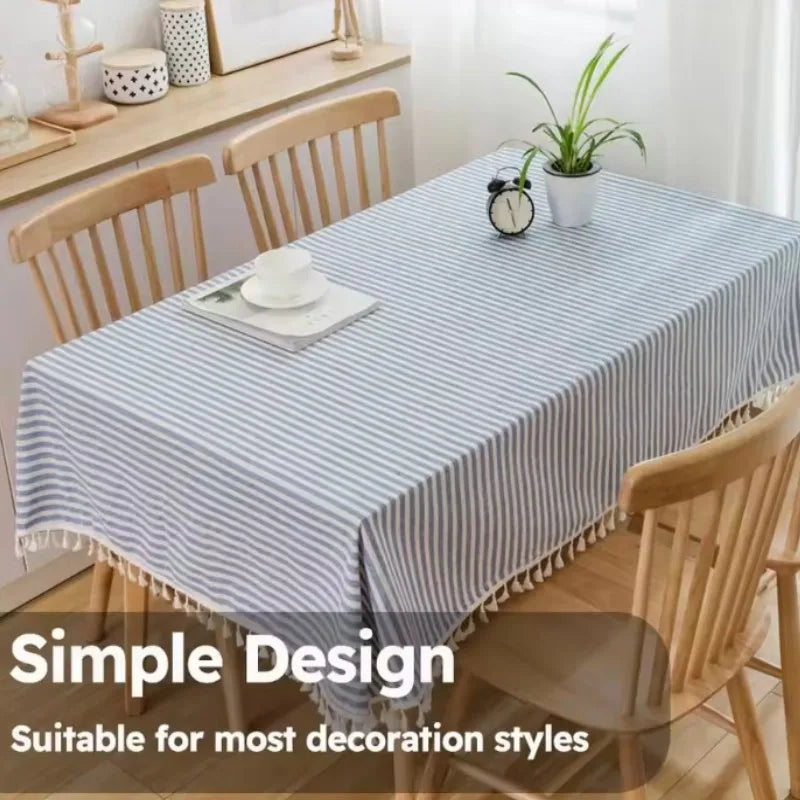 STRIPED TASSEL TABLECLOTH - Gingham Polyester, Tassel Fringe - Laid Tables