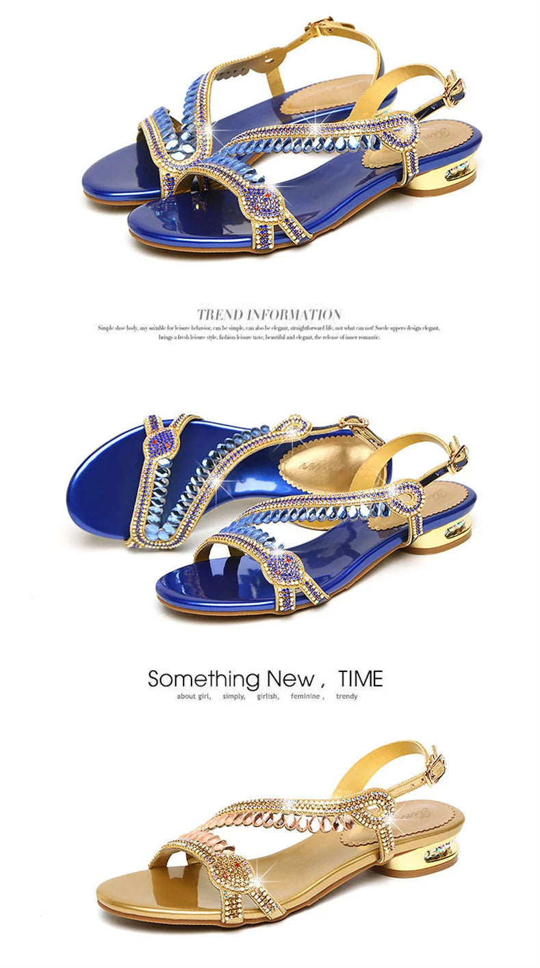 High-grade Rhinestones Fashion New Women's Summer Young Elegant Sandals Thick Heel Leisure Flat Bottomed Beach Sandals