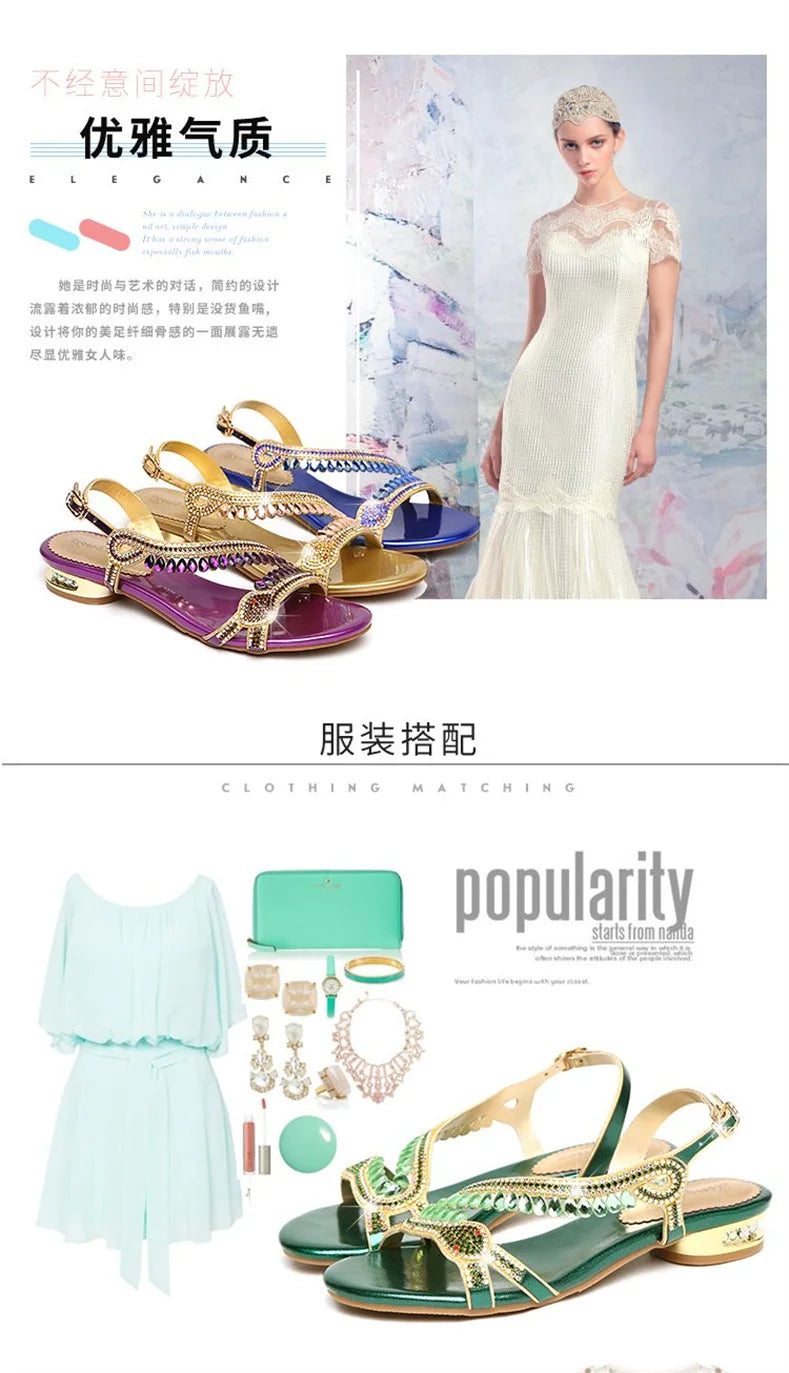 High-grade Rhinestones Fashion New Women's Summer Young Elegant Sandals Thick Heel Leisure Flat Bottomed Beach Sandals