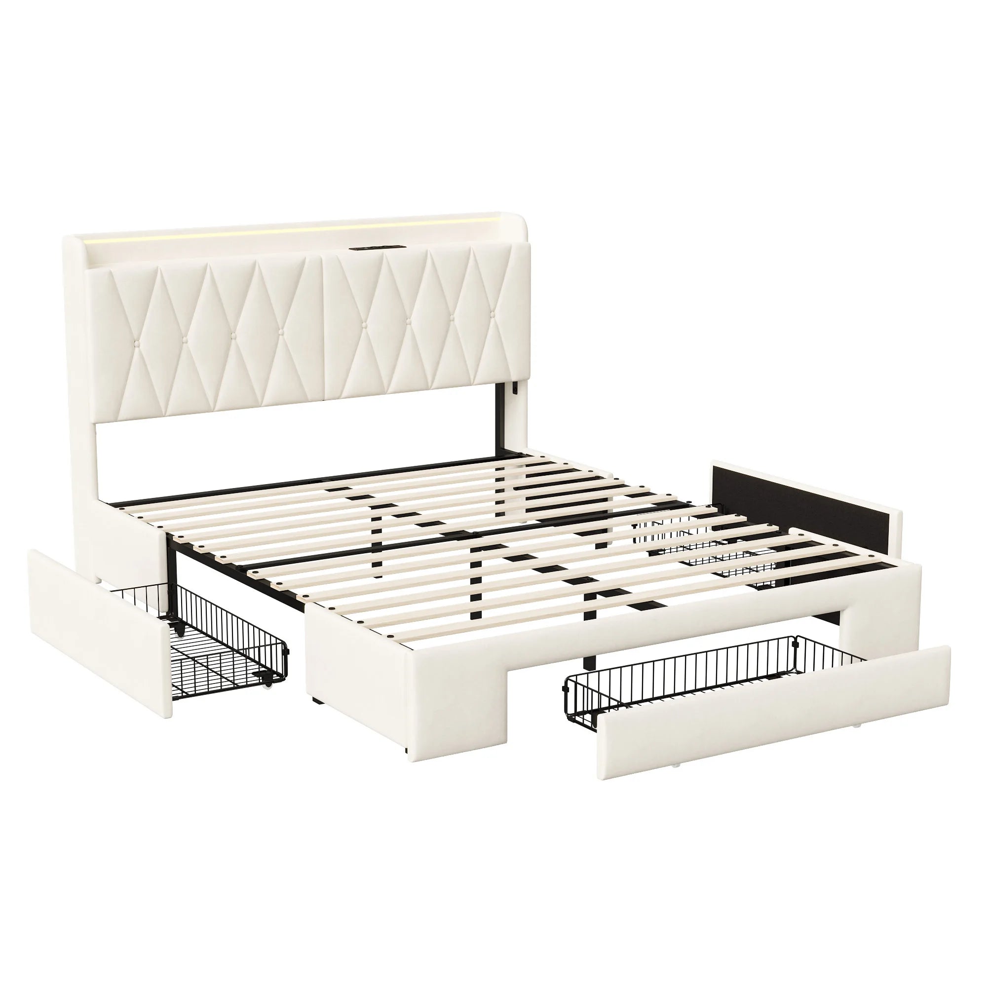 VELVET HAVEN - Upholstered Storage Bed - LED, USB Charging, 3 Drawers