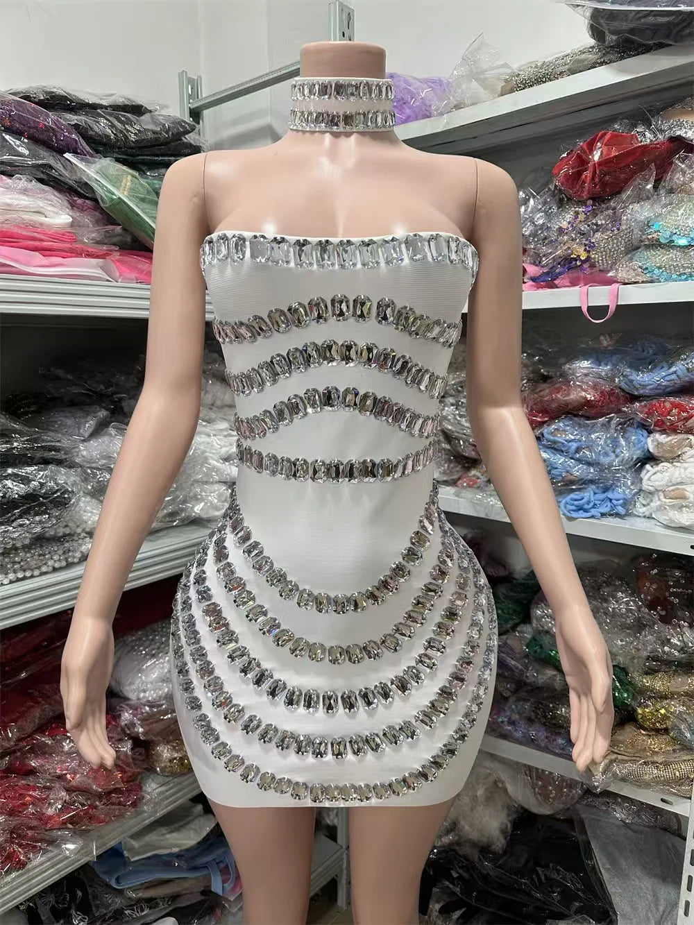 Women 2025 Sparkly Rhinestones Bodycon Strapless Mini Bandage Dress Backless Fashion Evening Party Club Luxury Birthday Dresses