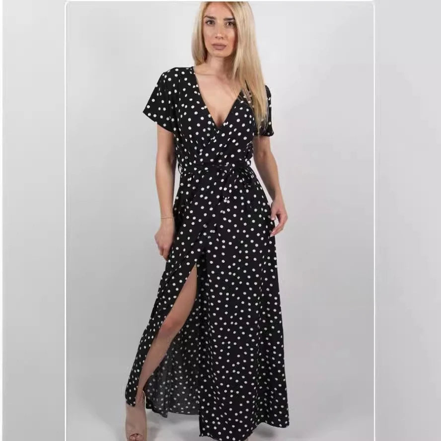 1pc Colorful Polka Dot Printed Maxi Dresses Women Summer V-Neck Short Sleeved Slit Long Dress Robe