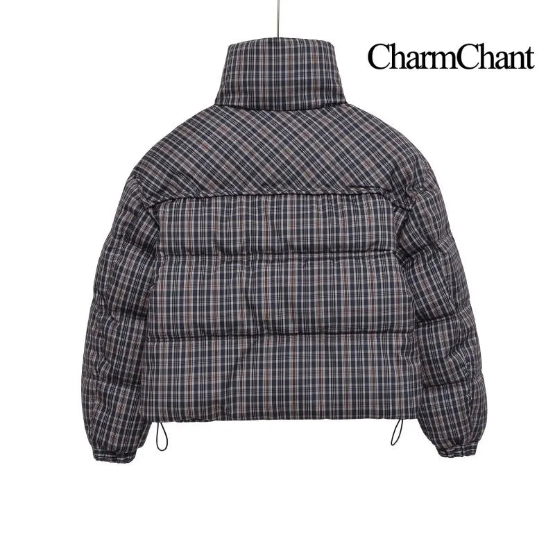 Plaid Puffer Jacket – Stand Collar Padded Coat