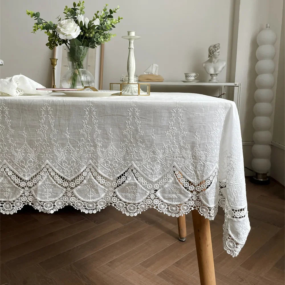 WHITE EMBROIDERED TABLECLOTH - 100% Cotton, Lace Detail - Elegant Tables