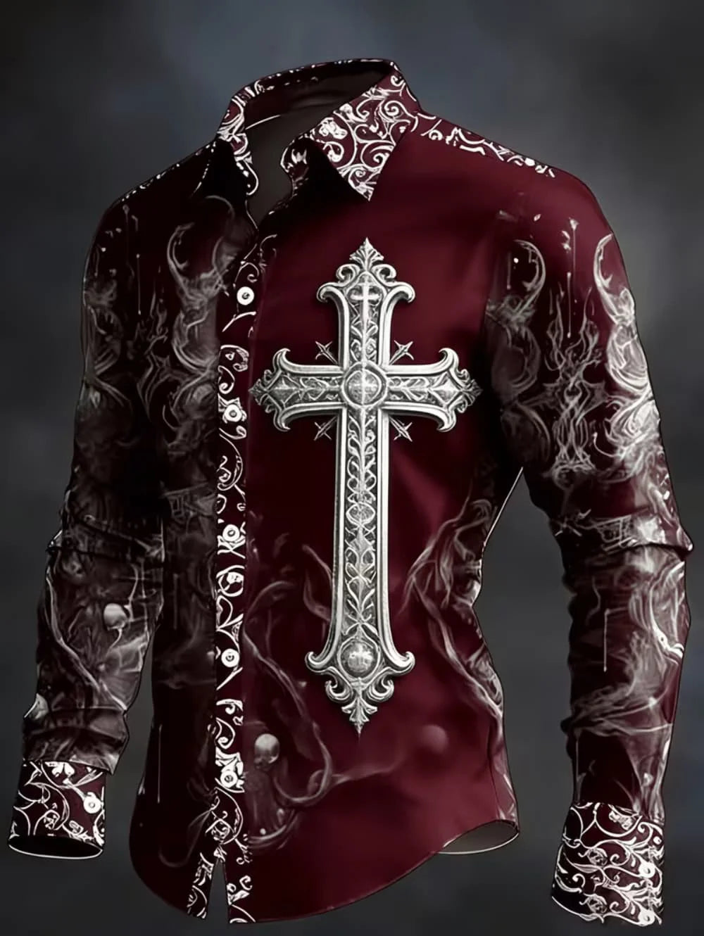 Gothic Skull Cross Shirt Men Long Sleeve Red Plaid 3D Print