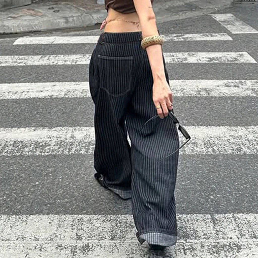 Striped Wide Leg Jeans - Low Rise Relaxed Retro Grunge