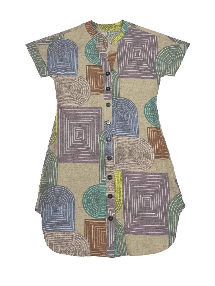 2025 European and American Women's Apparel Foreign Trade Amazon Summer Geometric Print Elegant V-Neck Button-Up Dress