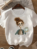 T-shirt 2000s Gothic Women's Casual Graphic Skeleton Coffee Art Print Short Sleeve T Shirt Clothing Top Tee