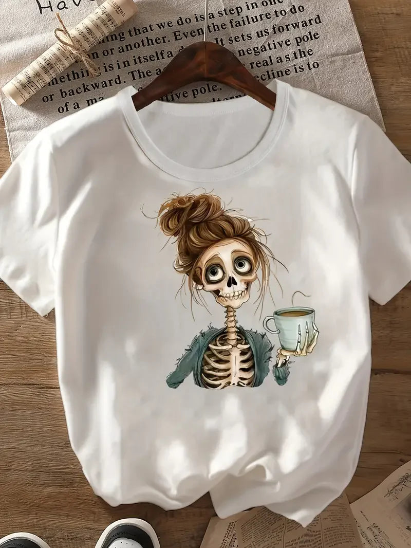 T-shirt 2000s Gothic Women's Casual Graphic Skeleton Coffee Art Print Short Sleeve T Shirt Clothing Top Tee