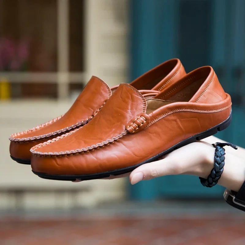 DOCK LUXE - Men's Genuine Leather Slip-On Loafers - Casual Boat Shoes, Sizes 37-47