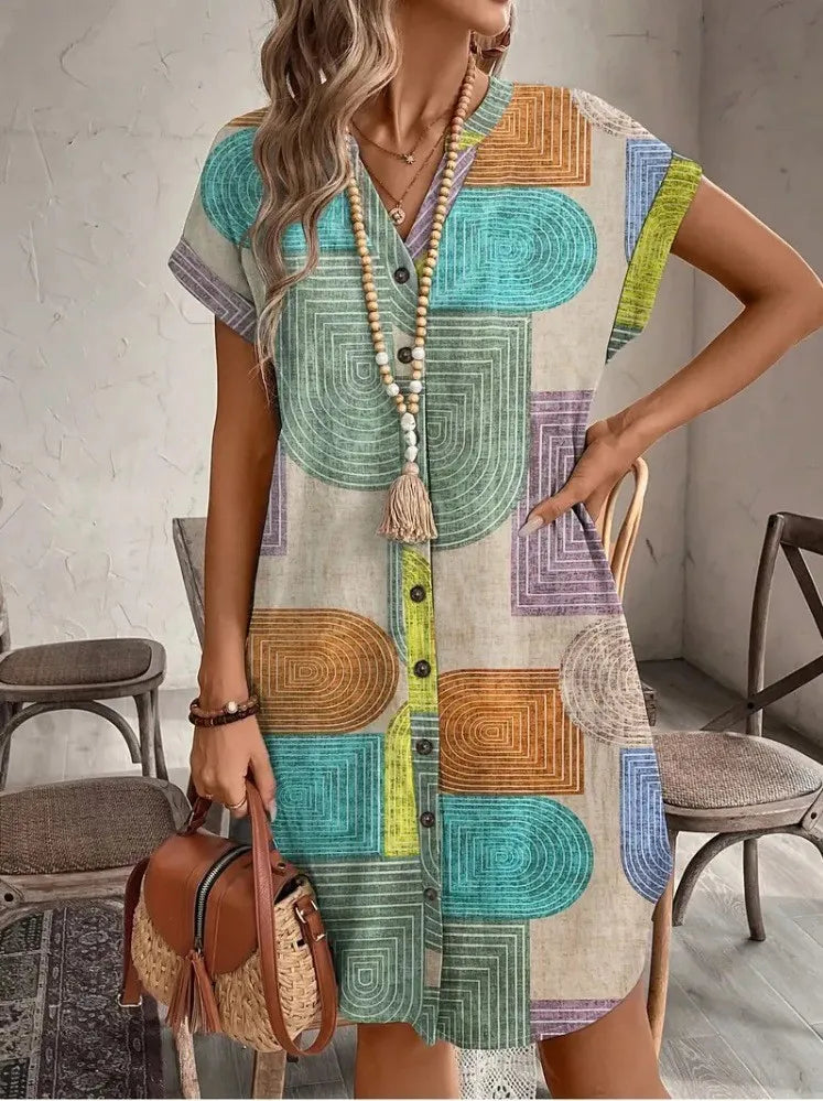 2025 European and American Women's Apparel Foreign Trade Amazon Summer Geometric Print Elegant V-Neck Button-Up Dress