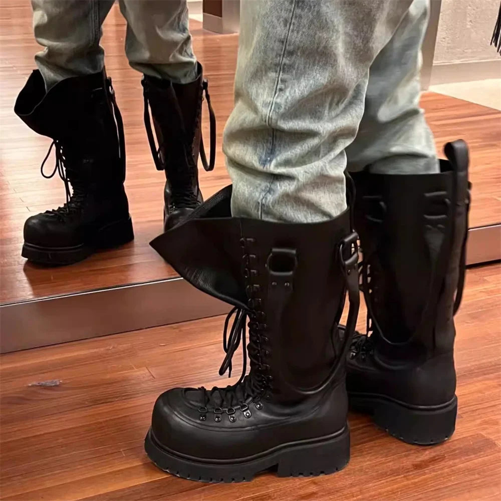 CROSS STRAP - High-Top Black Leather Work Boots - Make Every Step Count